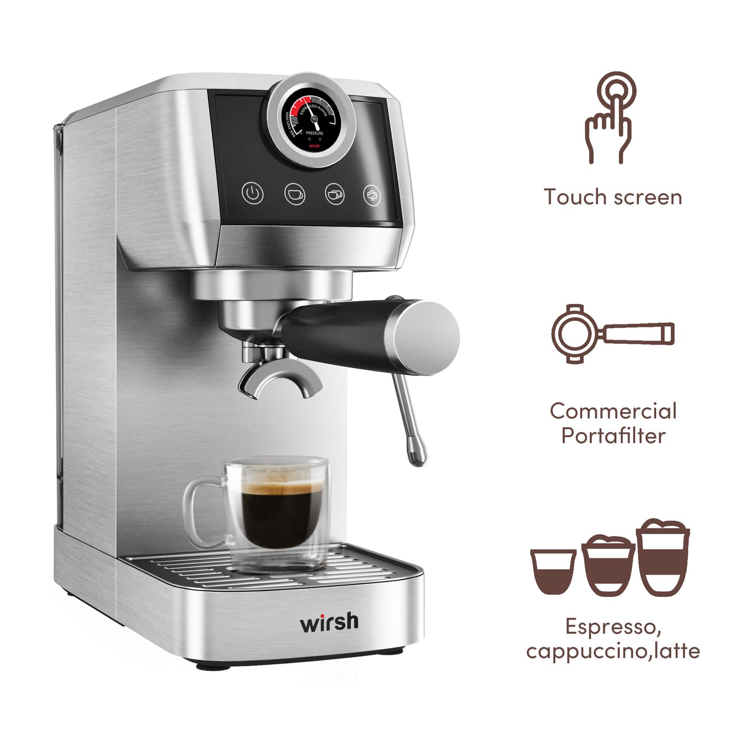Wirsh 20 Bar Espresso Machine with Plastic Free Portafitler and Steamer, Pressure Gauge, Touch Screen, Full Stainless Steel (Home Barista Plus)